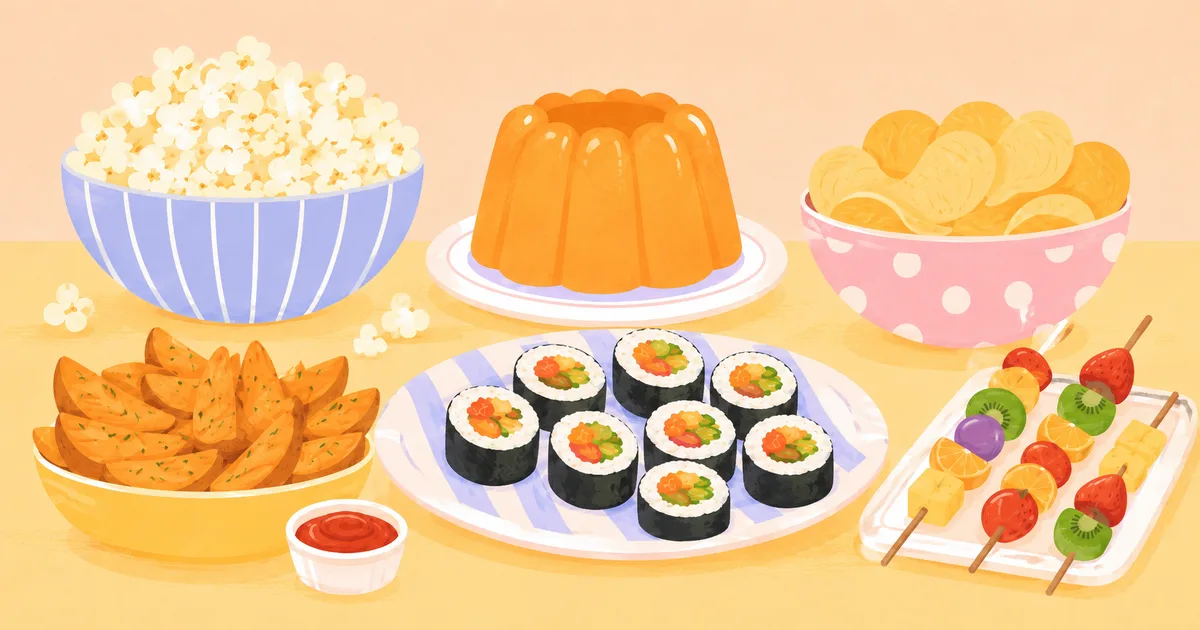 A spread of allergy friendly party food: popcorn, jelly, plain chips, potato wedges, vegetable sushi and fruit skewers