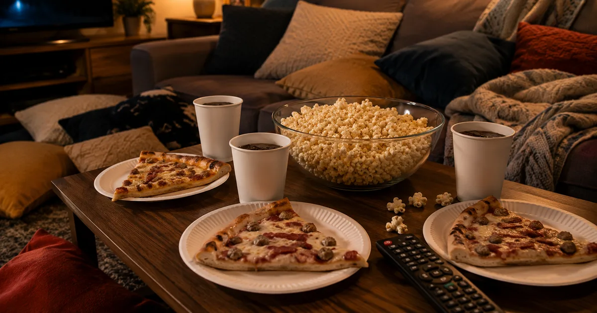 A cosy lounge room coffee table set up for a movie night birthday party, with paper plates of pizza slices, a big bowl of popcorn, drinks and a TV remote