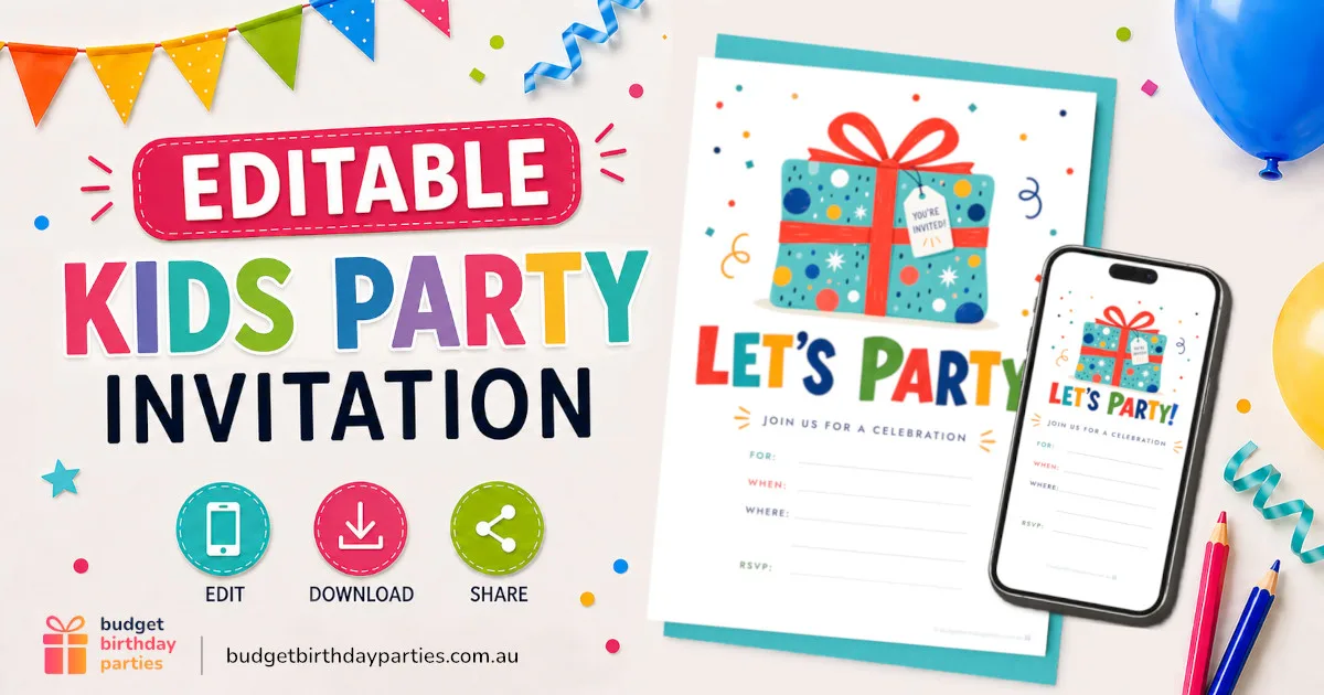 A colourful free editable birthday party invitation, shown as both a printable A4 card and a digital version on a phone, with a wrapped gift illustration, confetti, and editable For/When/Where/RSVP lines