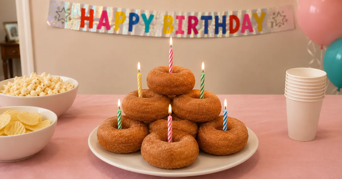 A donut cake stacked into a pyramid with lit birthday candles, next to bowls of chips and popcorn, a Happy Birthday banner and pastel balloons