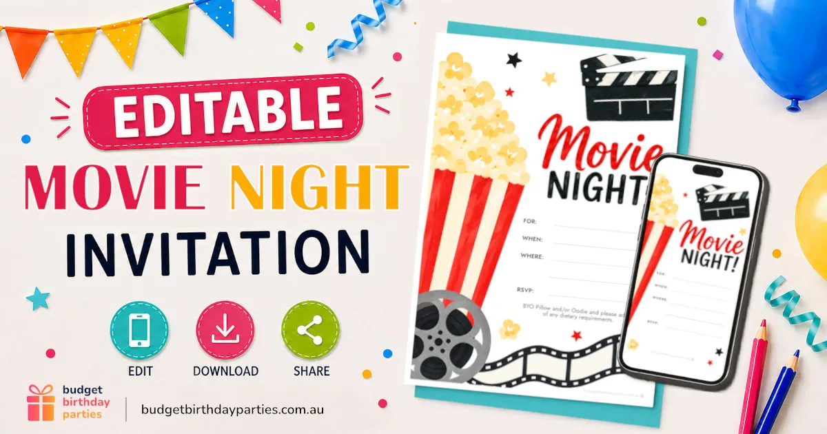 A free printable movie night party invitation with popcorn, a film reel, a clapperboard, and editable For/When/Where/RSVP lines