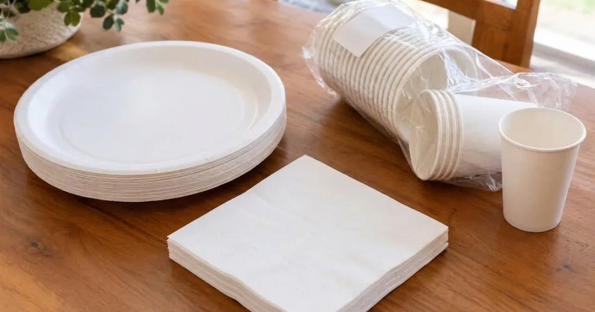 A stack of white paper plates, a pile of serviettes and packs of paper cups on a wooden dining table