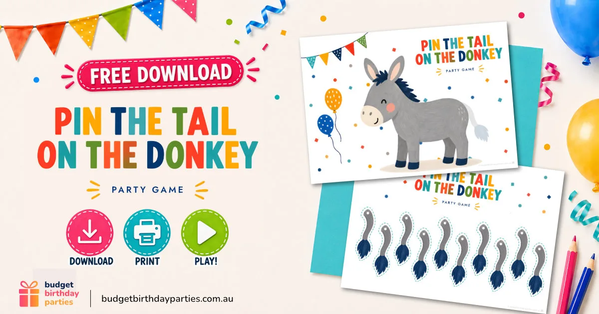Pin the Tail on the Donkey, a free printable party game, shown as a donkey poster and a sheet of tails to cut out, on a party-themed background with confetti and bunting