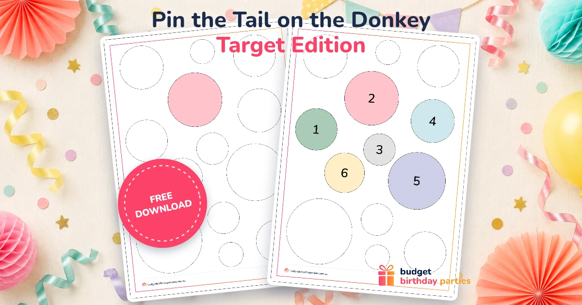 Pin the Tail on the Donkey Target Edition, a free printable party game, shown on a party-themed background with confetti and bunting